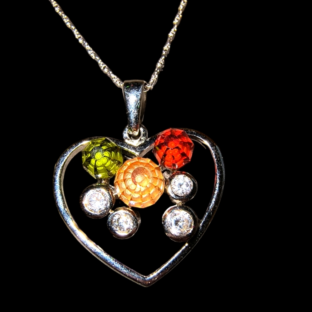 Vintage Sterling Silver Heart With Multicolored Crystals  Pendant Necklace